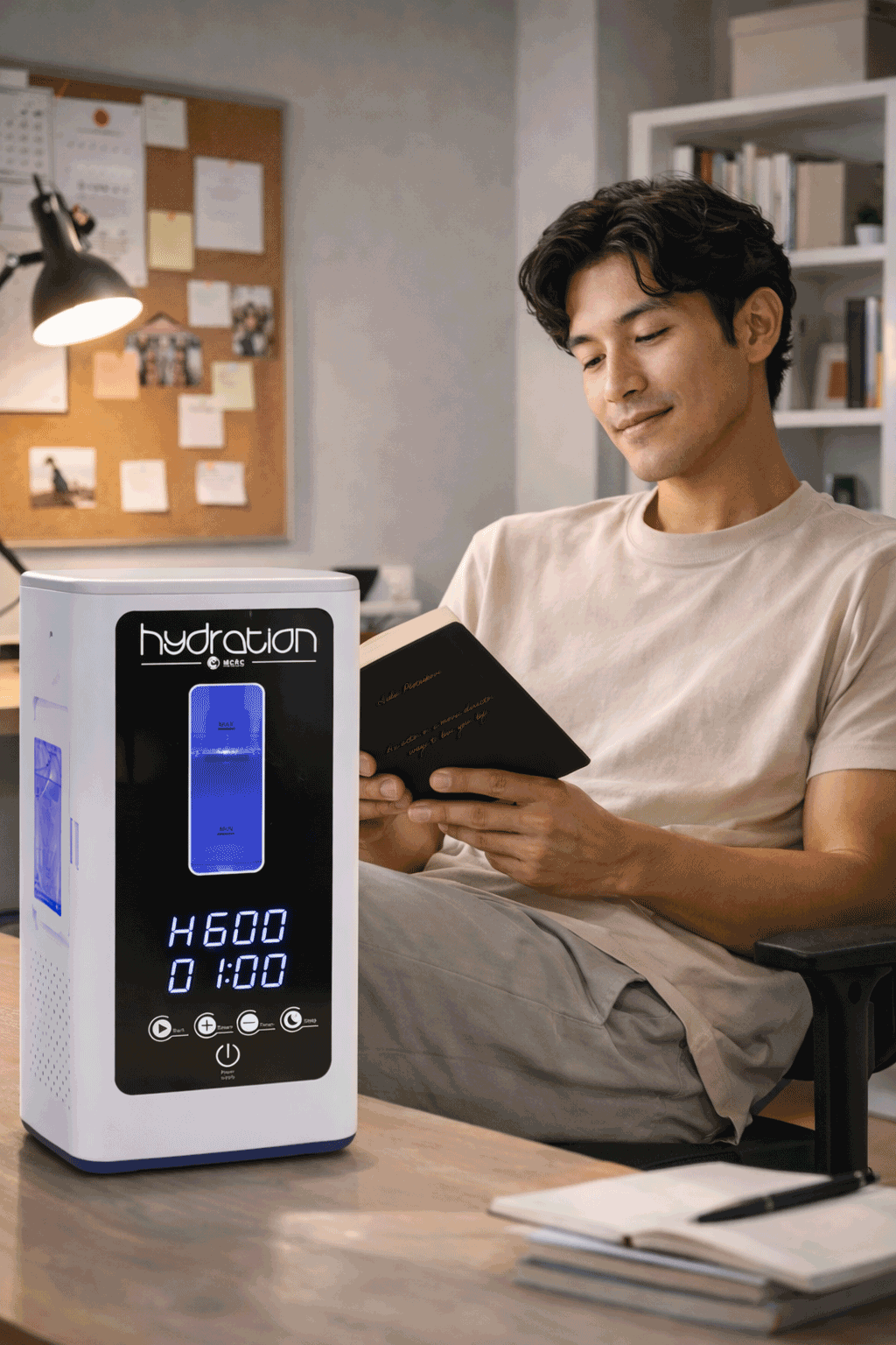 Мъж, четящ с Hydration-H₂ S 900 Plus в офис среда