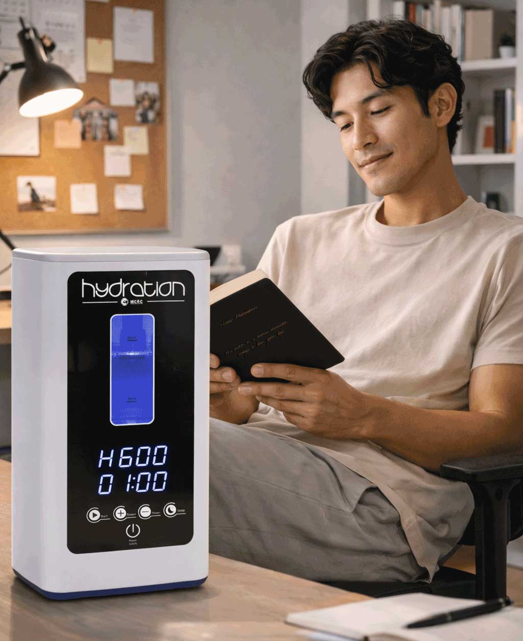 Man reading with Hydration-H₂ S 900 Plus in an office environment